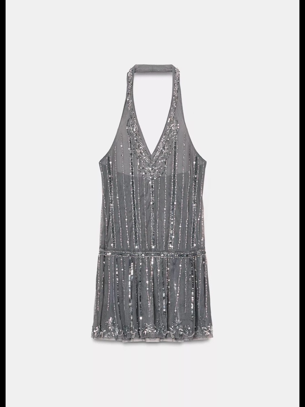Zara Silver Sequin Halter V-Neck Mini Dress
